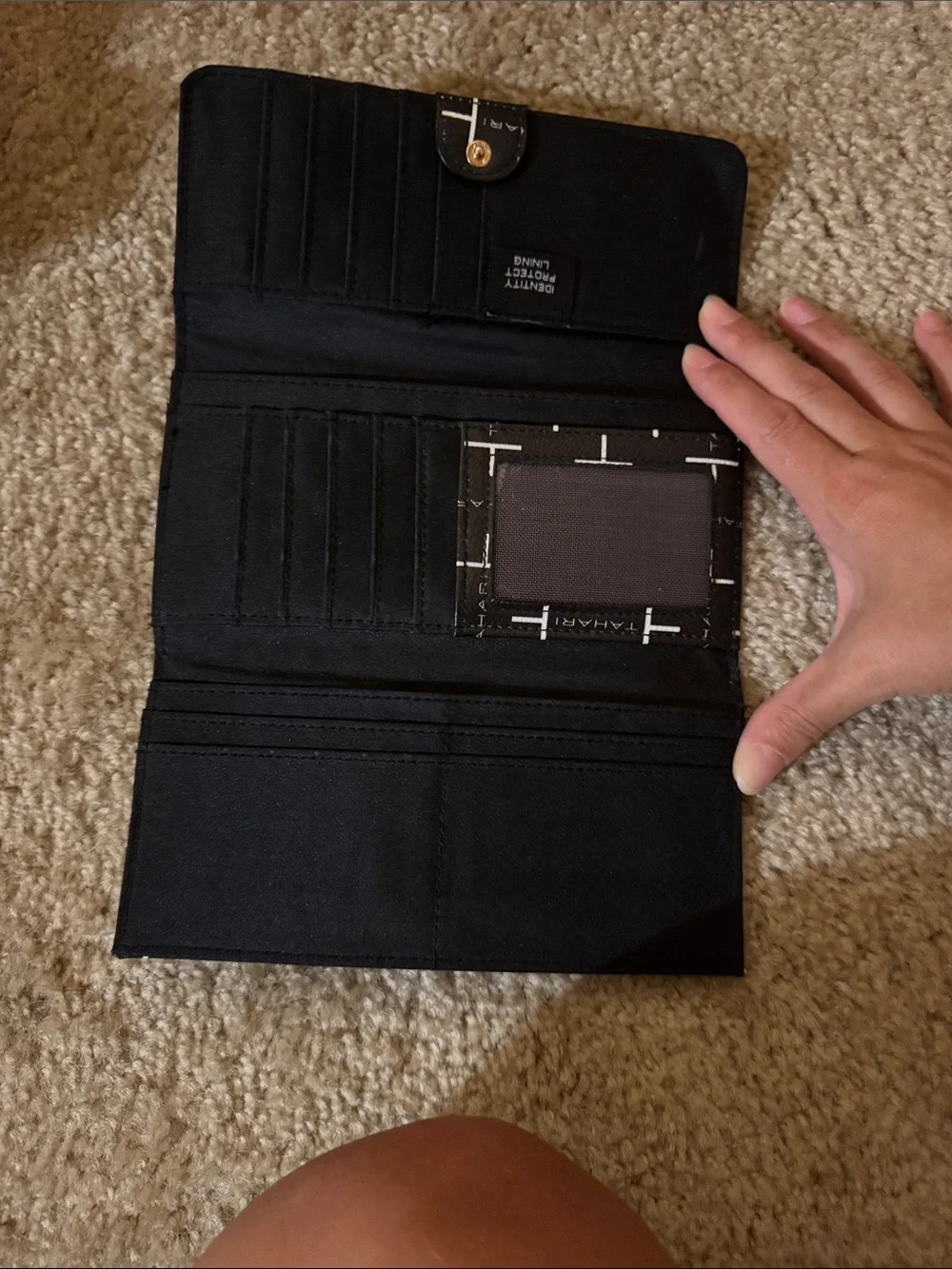 Tahari Black and White Logo Print Wallet with Gold Plaque